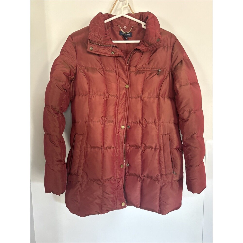 LANDS END Women’s Down Puffer Coat sz Small Zipper Pockets Fleece Inner Cuffs